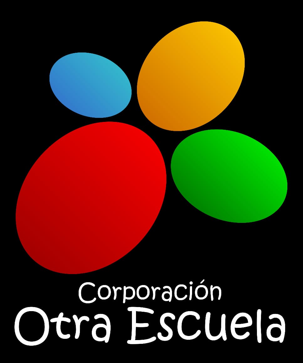 A black background. At the top are four circles in blue, yellow, red and greeen. At the bottom the words "otra escuela"