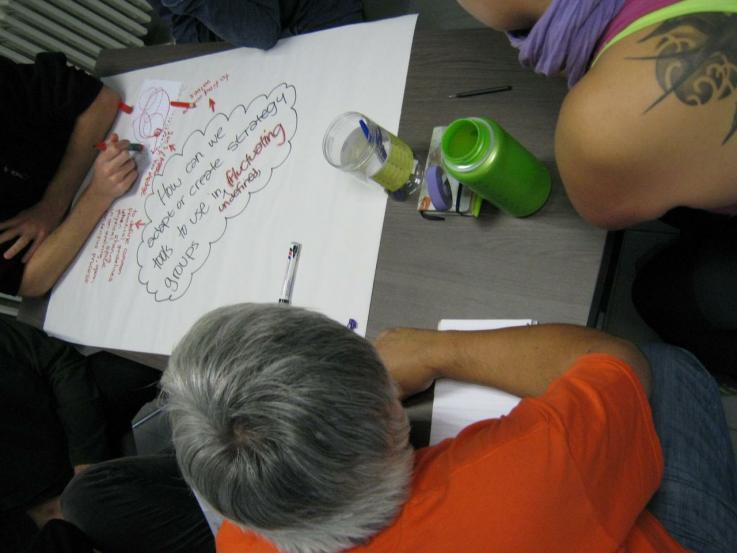 Three people participate in a training on nonviolent strategy.