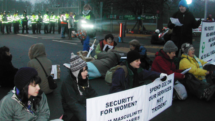A group of women activists blockade a nuclear weapons factory in the UK.