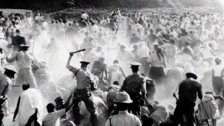 Police respond violently to a protest at Sharpeville, South Africa, during the apartheid regime